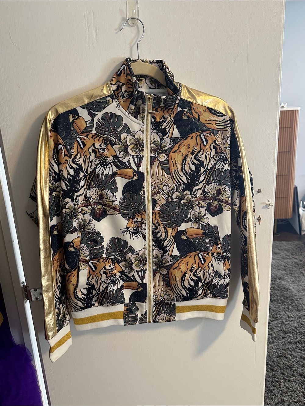 Tropical Tiger Print Bomber Jacket with Gold Accents